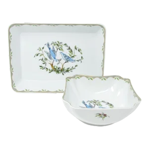 Vintage Georges Briard Woodland Melody Serving Bowl and Rectangular Dish With Blue Bird Designs - 2 Pieces