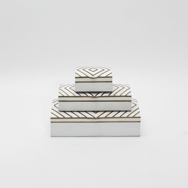 Modern Set of 3 Shagreen Boxes With Mother of Pearl and Brass Details by R&y Augousti For Sale - Image 3 of 12