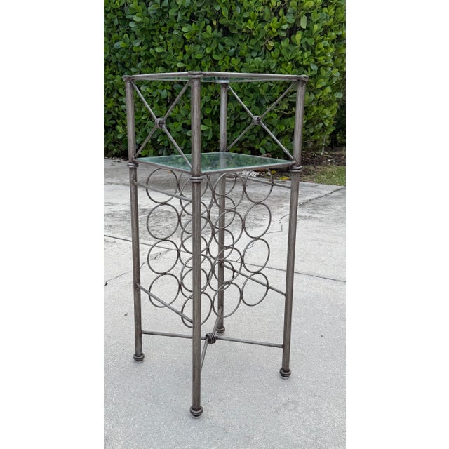 Metal Vintage Giacometti-Style Iron Wine Rack With Glass Shelves For Sale - Image 7 of 8