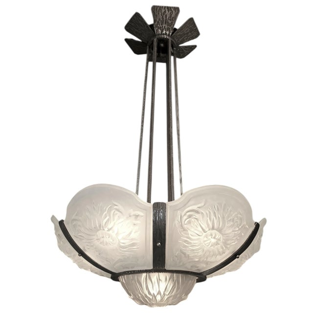 Early 20th Century Attributed to Val Saint Lambert Large & Rare Art Deco Chrysanthemum Chandelier in Hand Hammered Iron Pewtery Frame For Sale - Image 10 of 18