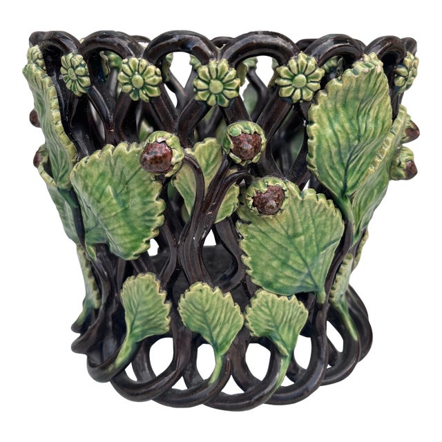 19th Century French Majolica Palissy Reticulated Cache Pot Roanne For Sale