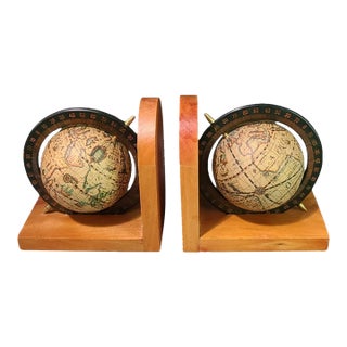 Vintage Wooden Old World Rotating Globe Bookends- a Pair For Sale