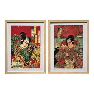 Set of Two Meji Era (1877 & 1883) Japanese Woodblock Prints of Samurai / Kabuki Actors – Newly Framed For Sale