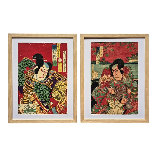 Set of Two Meji Era (1877 & 1883) Japanese Woodblock Prints of Samurai / Kabuki Actors – Newly Framed For Sale