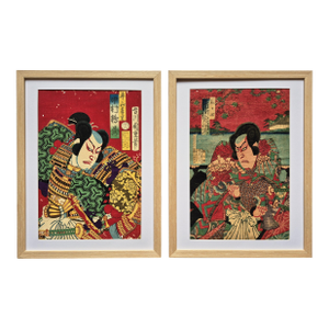 Set of Two Meji Era (1877 & 1883) Japanese Woodblock Prints of Samurai / Kabuki Actors – Newly Framed