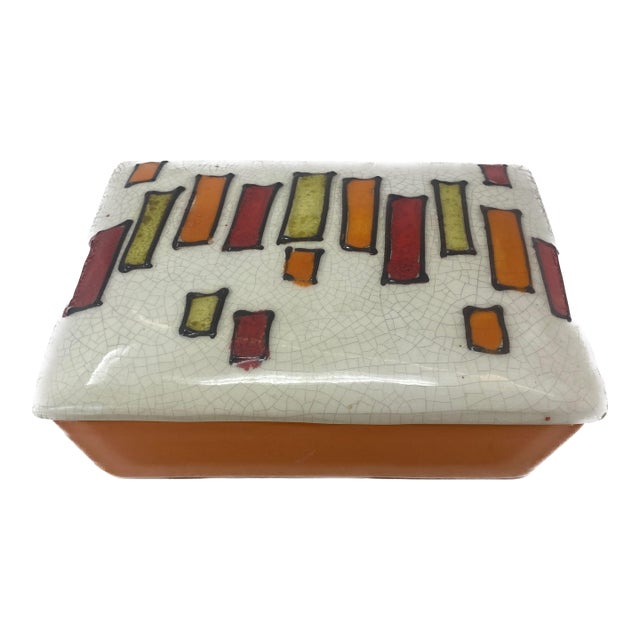 1950s Mid-Century Modern Raymor Italian Ceramic Trinket Box - Geometric "Stained Glass" Motif For Sale