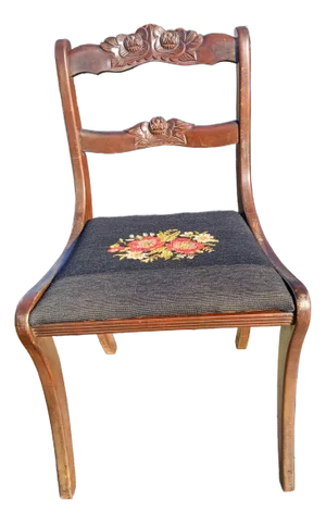 Early 20th Century Vintage Mahogany Carved Rose Back Needlepoint Chair