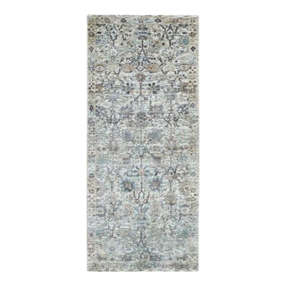Ivory Silk With Textured Wool Tabriz Runner Hand Knotted Oriental Rug For Sale