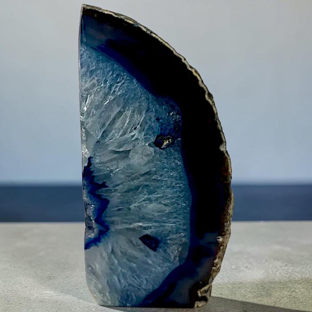 Mid-Century Modern Vintage Brazilian "Blue Shot Eyes" Polished Dyed Agate Geode Bookends - A Pair For Sale - Image 3 of 10