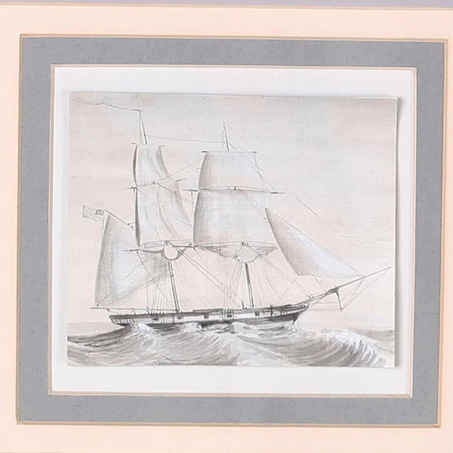 Set of nine antique drawings of American and English Navel Sailing ships executed in a pen and ink technique highlighted...