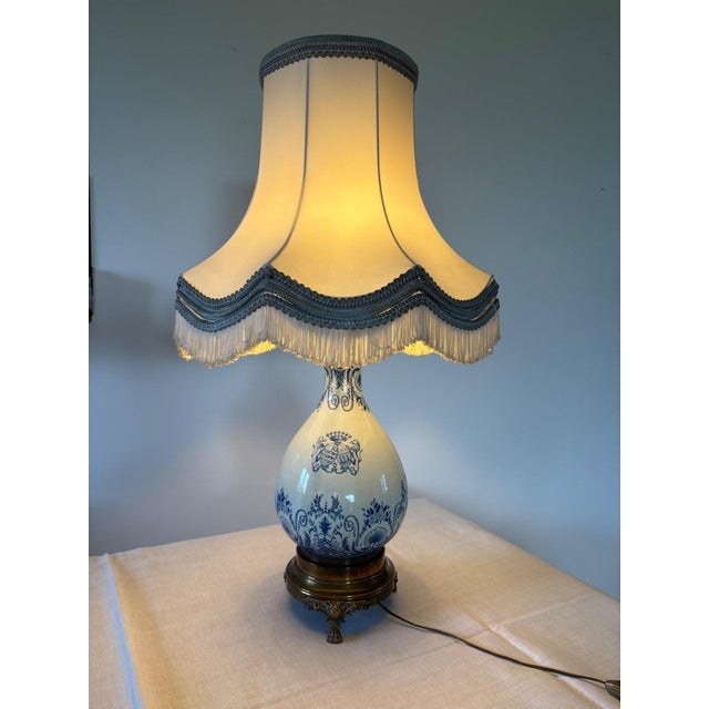 Lamp in Blue Earthenware with Bronze Tripod Base and Passementerie Lampshade, 19th Century For Sale - Image 6 of 10