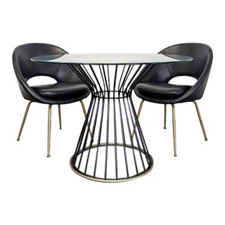 Pottery Barn Modern Glass Dining Set With Black Metal Table and 2 Black Chairs For Sale