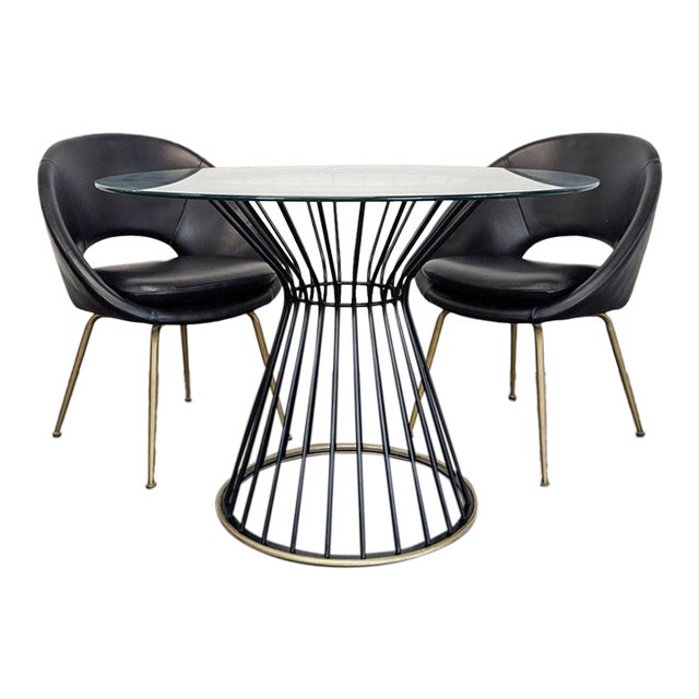 Pottery Barn Modern Glass Dining Set With Black Metal Table and 2 Black Chairs For Sale