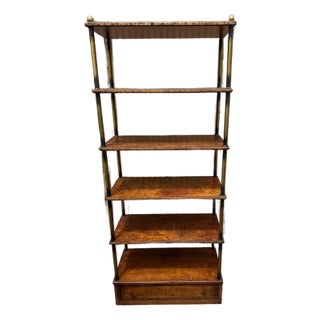 Vintage Hollywood Regency Style Brass Frame Burled Wooden Shelves Bookcase Etagere For Sale