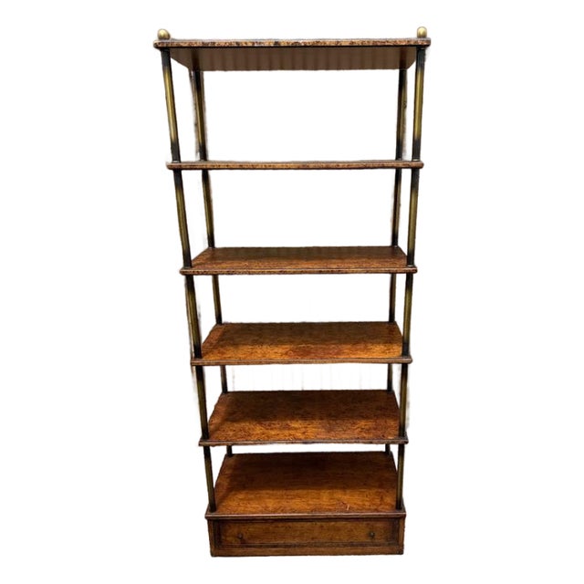 Vintage Hollywood Regency Style Brass Frame Burled Wooden Shelves Bookcase Etagere For Sale