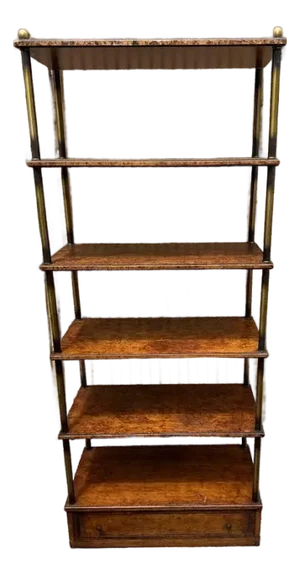 Vintage Hollywood Regency Style Brass Frame Burled Wooden Shelves Bookcase Etagere
