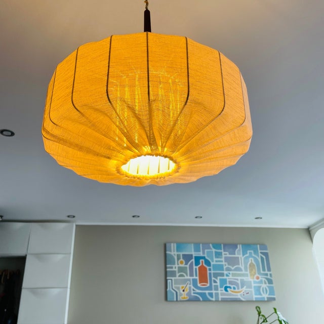 1960s Japandi Style Hanging Lamp in Wrapped Fabric and Teak, 1960s For Sale - Image 5 of 16