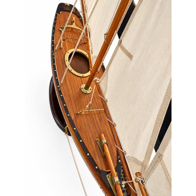 Traditional Large Vintage Wooden 1930 Yacht Sailboat Model With Canvas Sails & Brass Details For Sale - Image 3 of 4
