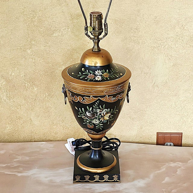 Black Wildwood Hand Painted Toleware Urn Table Lamp, Rocky Mount Nc, Floral Black & Gold For Sale - Image 8 of 18