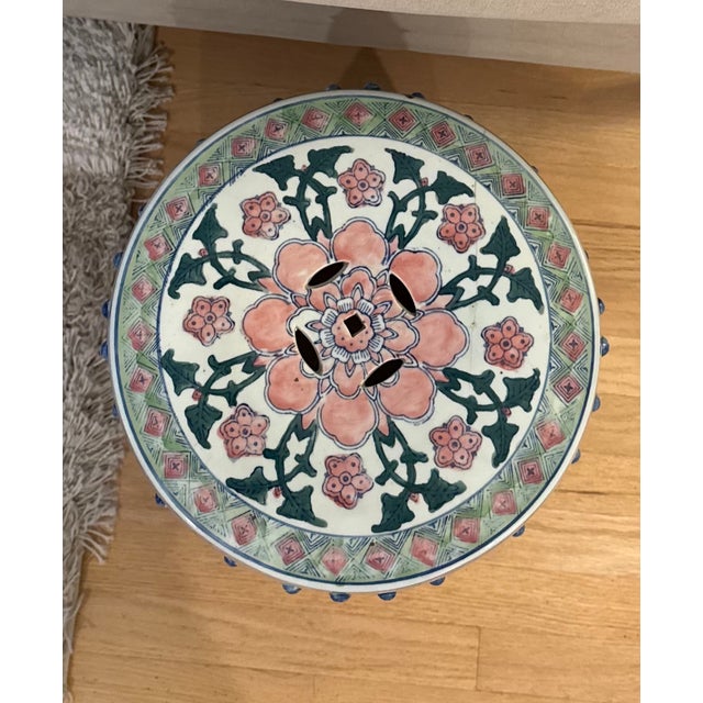 Chinoiserie Antique Chinoiserie Ceramic Garden Stool With Pink Lotus Motif and Handles For Sale - Image 3 of 4
