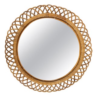 Mid-Century Rattan and Bamboo Round Wall Mirror by Franco Albini, Italy, 1960s For Sale