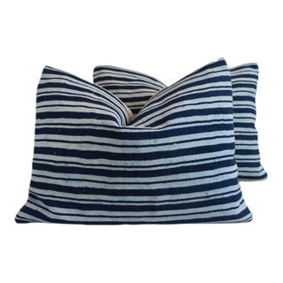Blue Nautical Stripe African Textile Feather/Down Pillows - Set of Two For Sale
