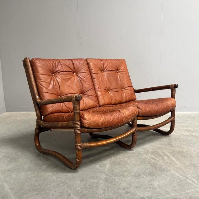 Vintage Bamboo and Leather Sofa, 1970s For Sale - Image 3 of 15