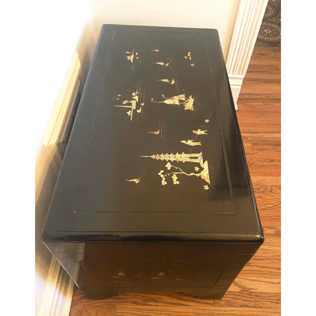 Vintage Black Lacquer Chinoiserie Wedding Chest With Mother of Pearl Inlay Sailboats and Island Scenes For Sale - Image 4 of 13