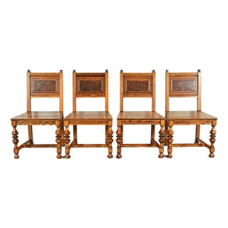 Early Romweber Antique English Jacobean Carved Oak and Burl Wood Dining Chairs, Set of Four For Sale
