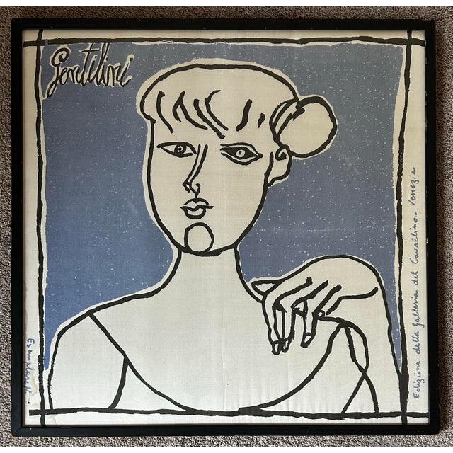 Vintage framed abstract lithograph on fabric, portrait of a woman by France Gentilini (1909-1981). Blue and white with...