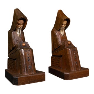 1940s Pair of Vintage Art Deco Pine Decorative Bookends, Asian For Sale