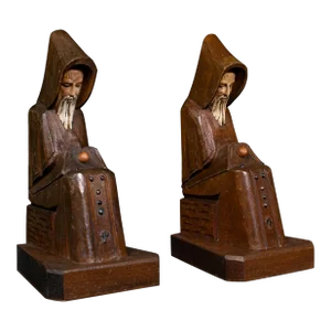 1940s Pair of Vintage Art Deco Pine Decorative Bookends, Asian