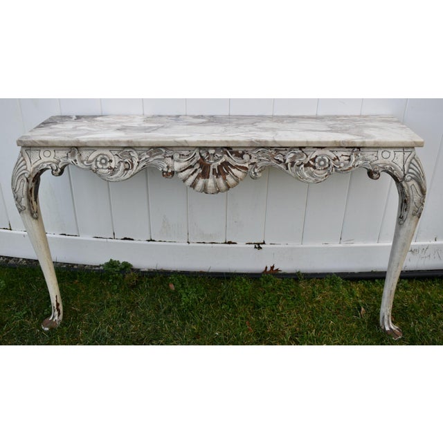 Carved Walnut Console Table Vintage Venetian White Marble Top Louis XV Style 50s For Sale - Image 12 of 12