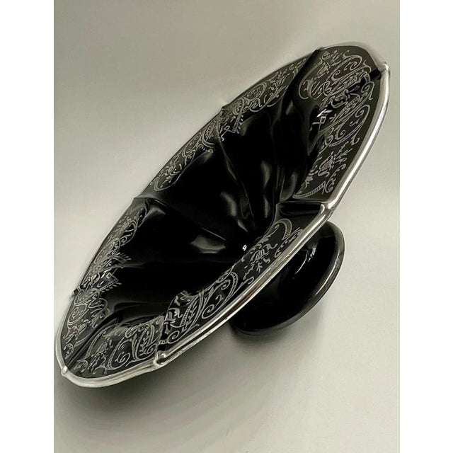 Amethyst Early 20th Century Floral Sterling Silver Black Amethyst Glass Footed Bowl For Sale - Image 8 of 13