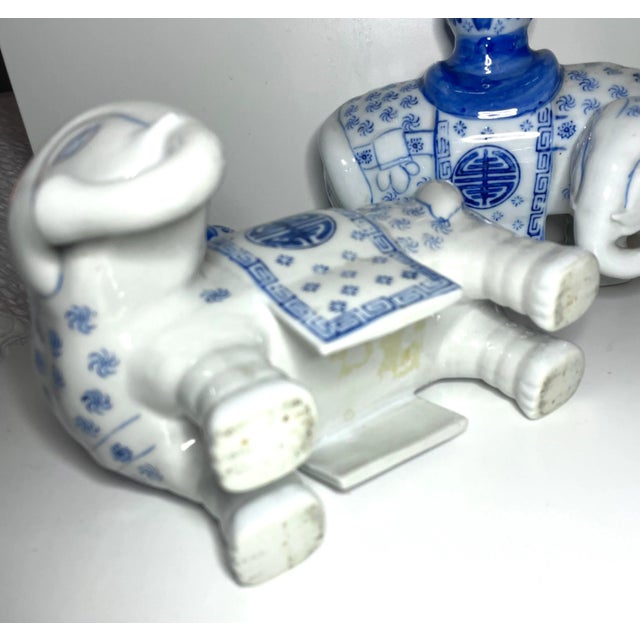 1930s Vintage Blue Canton Chinoiserie Elephant Candlesticks - a Pair For Sale - Image 5 of 7