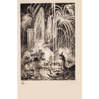 Rene Cottet, Oriental Feast, Fireworks, Etching, 1937 For Sale