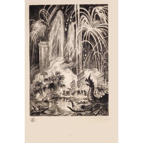 Rene Cottet, Oriental Feast, Fireworks, Etching, 1937 For Sale