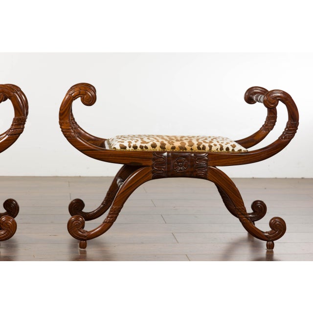 Pair of English Regency Carved Mahogany 19th Century Stools with Scrolling Arms For Sale - Image 9 of 12
