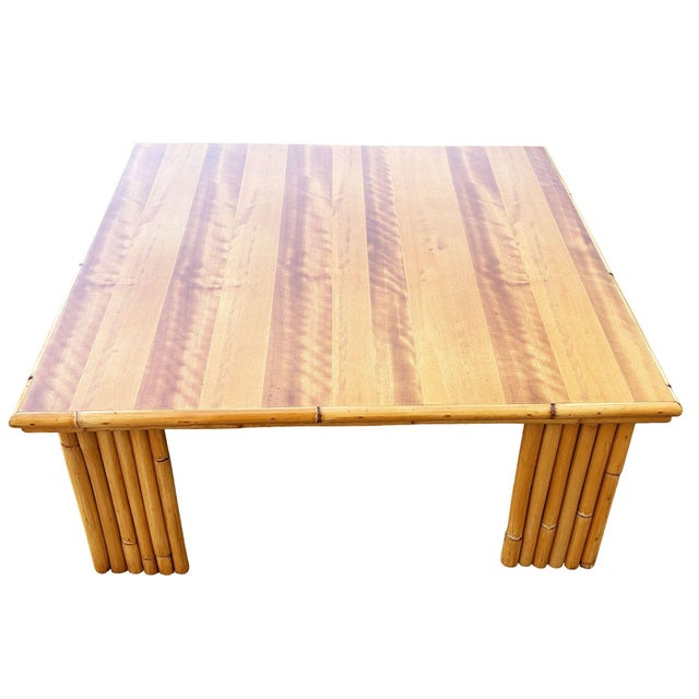 Yellow 1950s Restored Rattan & Koa Wood Square Coffee Table W/ Stacked Rattan Legs For Sale - Image 8 of 10