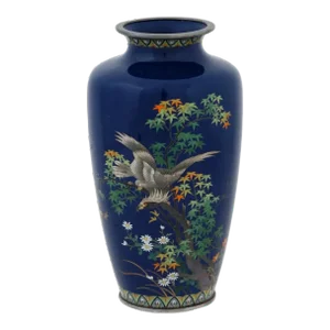Antique Meiji Japanese Cloisonne Blue Enamel Silver Vase With Eagle Signed Inaba