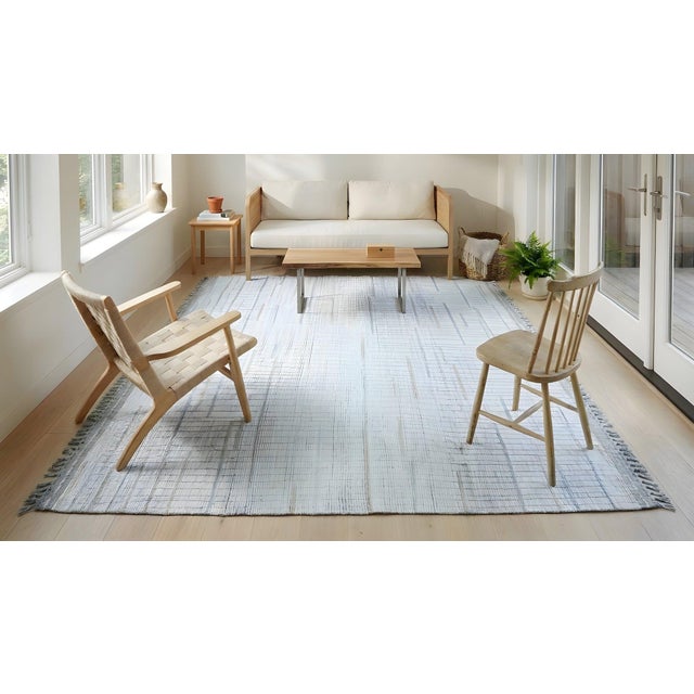 8x13 Ivory Hand-Knotted Wool Linear Blockwork Tribal Modern Carpet Rug For Sale - Image 13 of 14