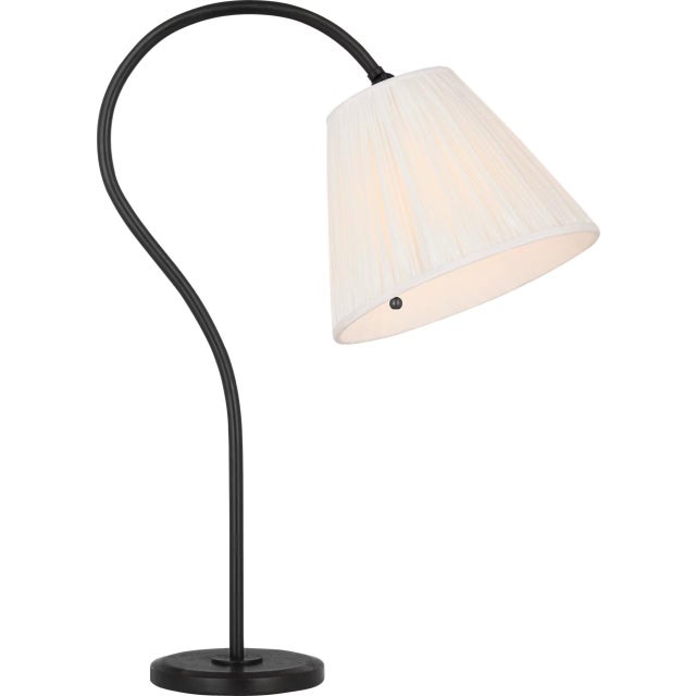 Transitional Amber Lewis by Visual Comfort Signature Dume 24" Arched Table Lamp in Aged Iron with Silk Pleated Shade For Sale - Image 3 of 3