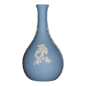 Vintage Wedgwood Blue Jasperware Bud Vase 5.5" Tall W/ Cherub Floral Details