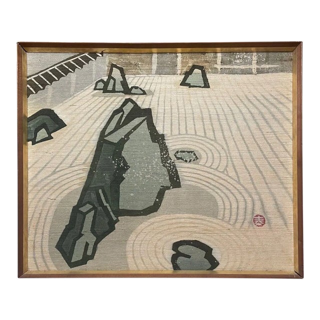 Original Taizo Minekawa 'Stone Garden Ryoanji Japanese Temple Dyed Textile Print For Sale