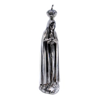 Silver Statuette of Our Lady of Fatima with Crown and Hovering Over Clouds For Sale