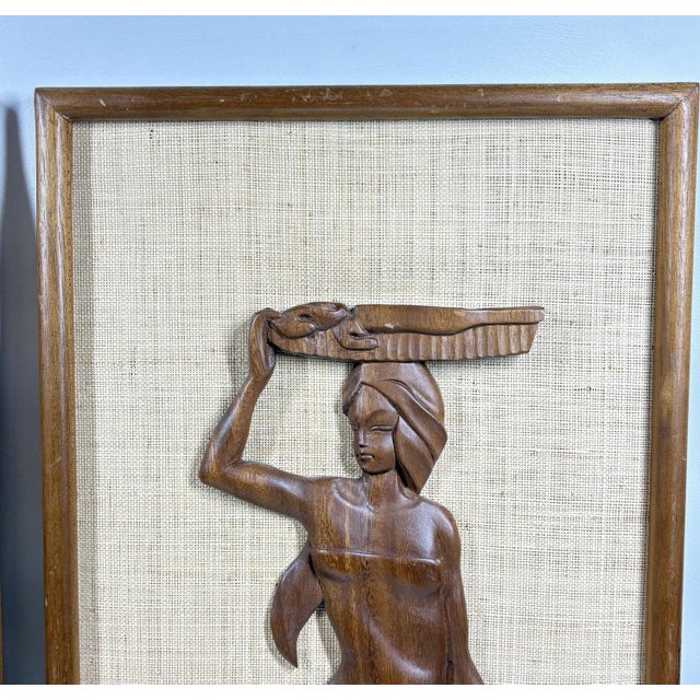 Mid-Century Modern 1960s Large 24” Mid-Century Modern Hand-Carved Teak & Burlap Wall Art – Set of 2 For Sale - Image 3 of 7