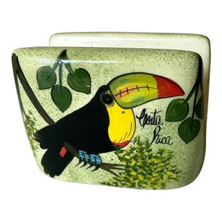 Vintage Folk Art Hand Painted Toucan "El Paisaje" Napkin Holder, Signed by Artist For Sale