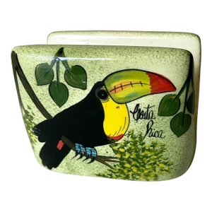 Vintage Folk Art Hand Painted Toucan "El Paisaje" Napkin Holder, Signed by Artist