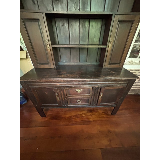 Large welsh step-back cupboard with brass pulls—late 19th century. Perfect for a country dining room to display your...