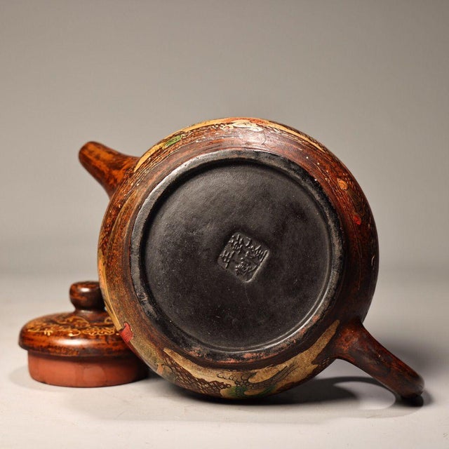 Wood Vintage Yixing Zisha Teapot With Box – Hand-Painted Gilt Landscape Teapot For Sale - Image 7 of 9